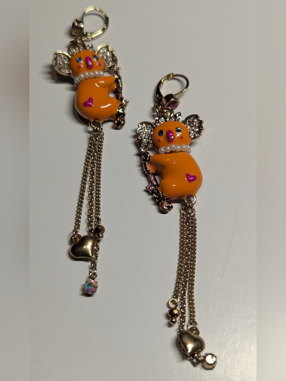Betsey Johnson Orange Koala Dangle Earrings with Heart Charm